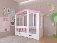 Детская кровать Астра домик с ящиком (белый+розовый)