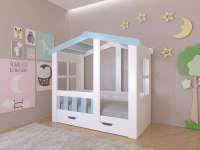 Детская кровать Астра домик с ящиком (белый+голубой)