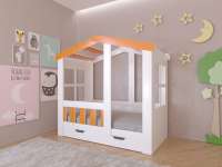 Детская кровать Астра домик с ящиком (белый+оранж)
