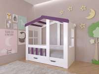 Детская кровать Астра домик с ящиком (белый+фиолетовый)